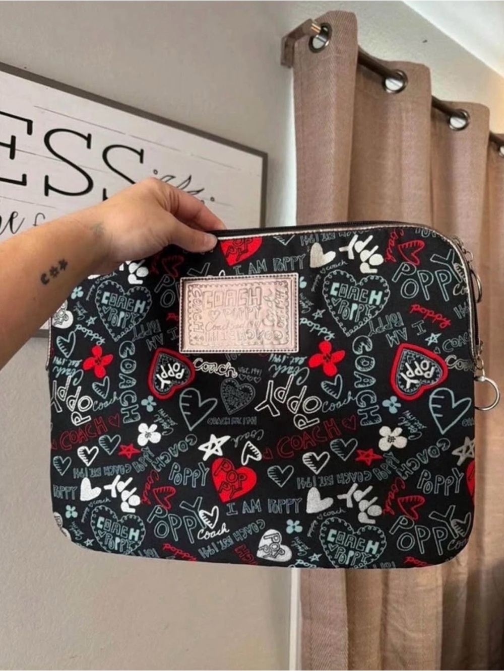 Coach Black Poppy Printed Laptop Sleeve with Red & White Accents